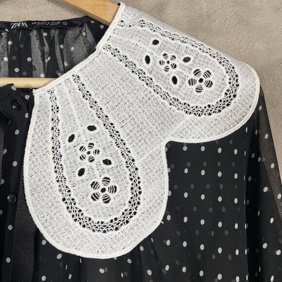 Zara Polka Dot Sheer Blouse S Oversized Peter Pan Claudine Collar Tie Neck Bow - Picture 5 of 16